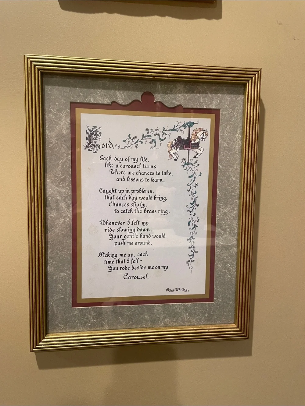 Framed Carousel Poem Wall Art - Gold Frame, Maroon & gold Mat